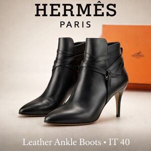 Hermès Black Leather Wrap Strap Ankle Boots IT 40 US 10 Stiletto Heel